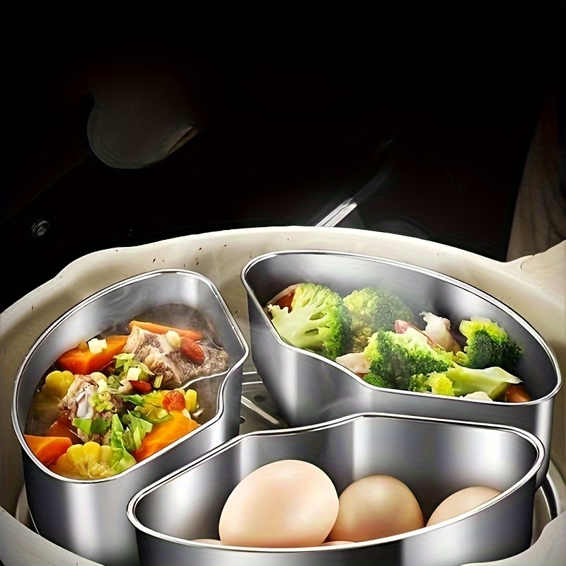 

3-piece Stainless Steel Fan-shaped Steamer Set - Includes Steaming Tray, Grid & Bowl With Dividers For Healthy Cooking