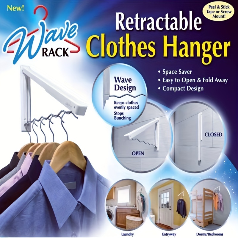 

1pc Waverack Space-saver Retractable Clothes Hanger, Foldable Wall-mounted Drying Rack, No-drill Installation With Peel & Stick Or Screw Mount, Plastic Laundry Organizer For Home, Dorms, Entryways