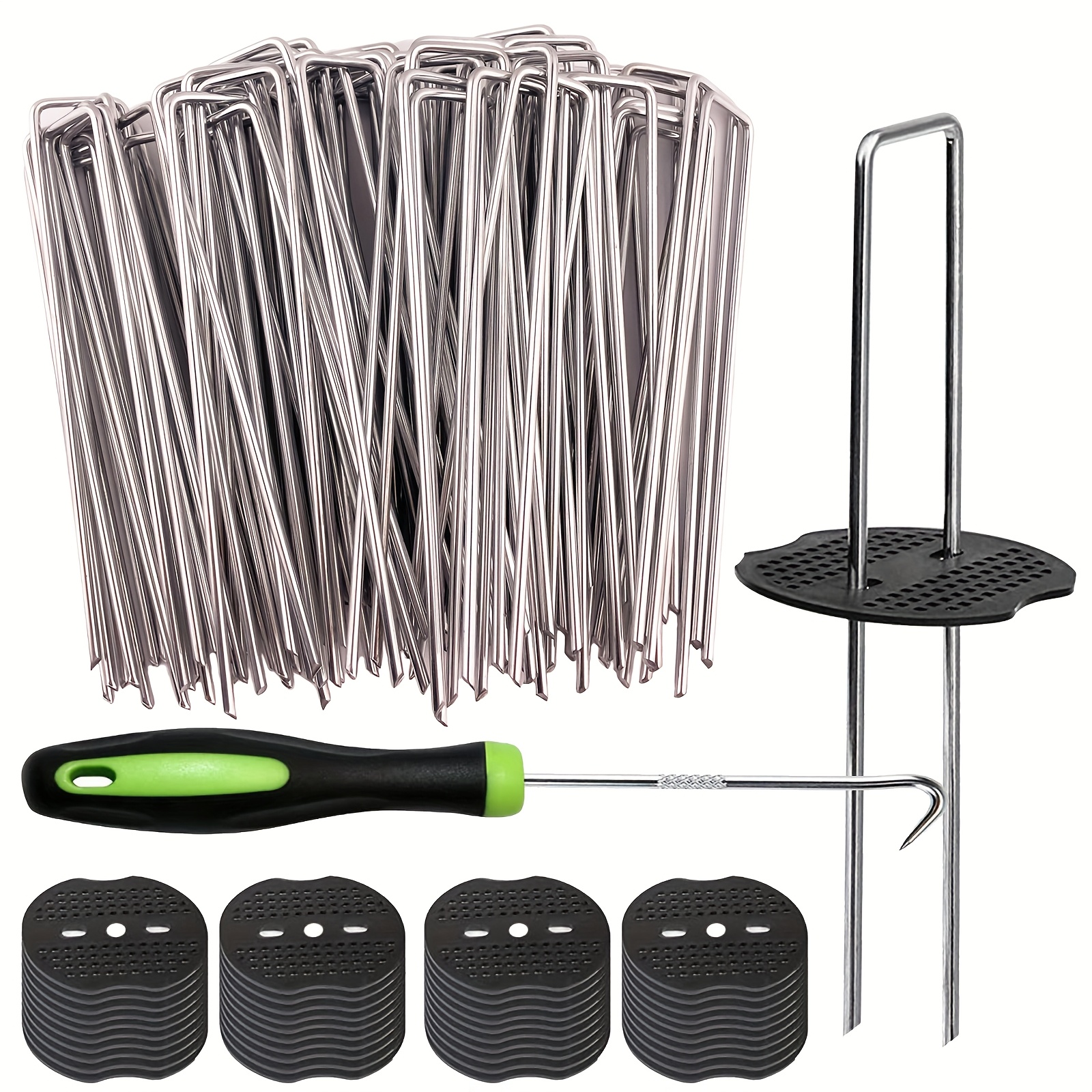 

101pcs Heavy-duty Galvanized Garden Staple Kit - 6-inch U-shaped Fixing Spikes With 50 Stakes, 50 Washers & Hook - Ideal For Securing Turf, Fabric, And Holiday Decorations In Lawns And Gardens