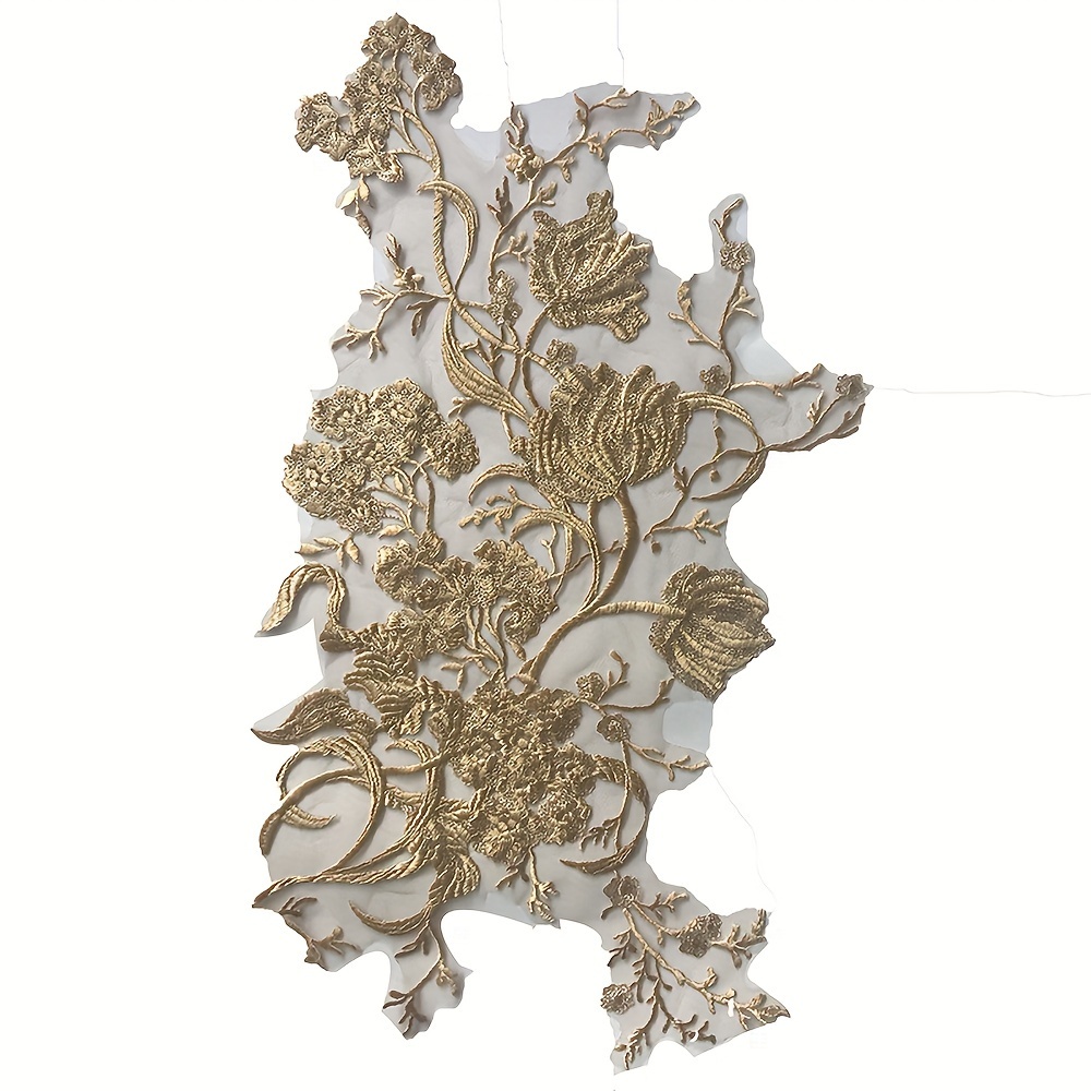 Image of 1pc Golden Mesh Sequin Embellishment Floral Exquisite Lace Patch Appliqué For Wedding Dress Gown Decoration