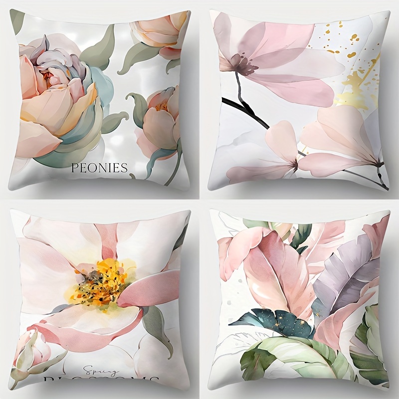 

4pcs Watercolor Floral Pillow Covers, Elegant Pink Peonies Design, Soft Cushion Cases For Home Office Sofa Decor, Contemporary Style, 18x18 Inches, No Insert (set Of 4)
