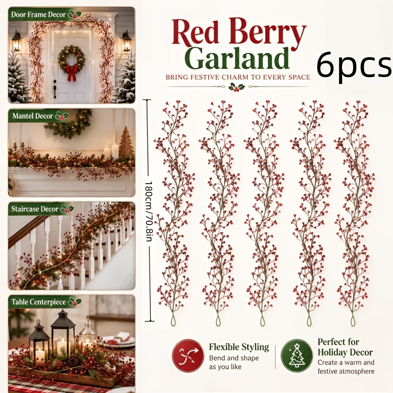 TEMU 6pcs (total Length 1080cm/425., 180cm/70.86in) Simulated , Artificial Berry Decorative Vine, Realistic Vine For Christmas Holidays, Suitable For