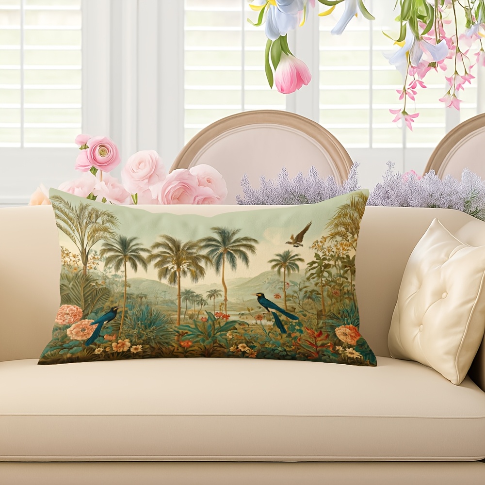 TEMU 1pc Vintage Tropical Bird And Palm Tree Pillowcase - Soft Decorative Pillow Cover, Vivid Tropical Double-sided High-, Soft Short Plush Material