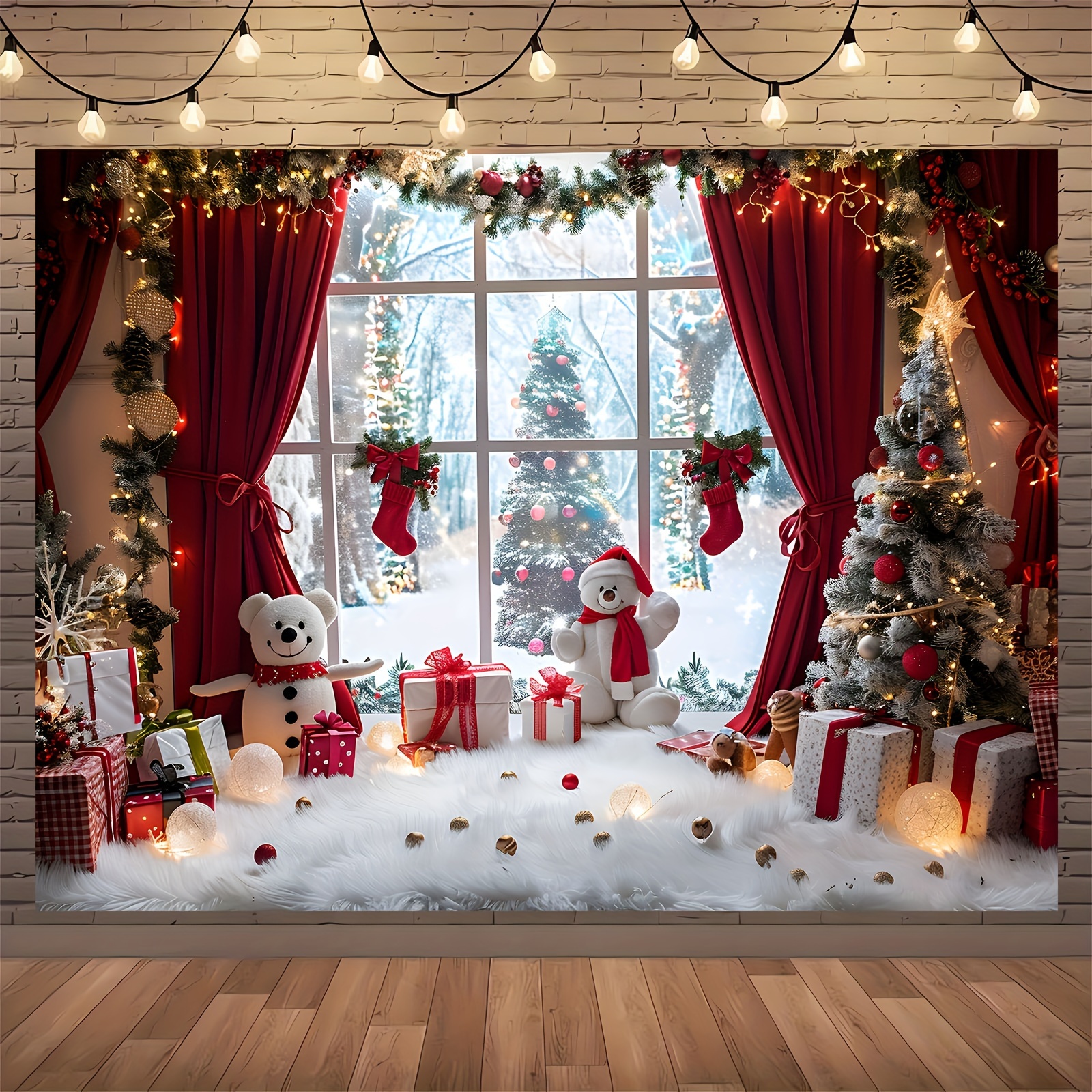 

Winter Wonderland Christmas Photography Backdrop - Vibrant Country Window Scene With Snowman, Tree & Gifts - Holiday Parties, Home Decor & Studio Props