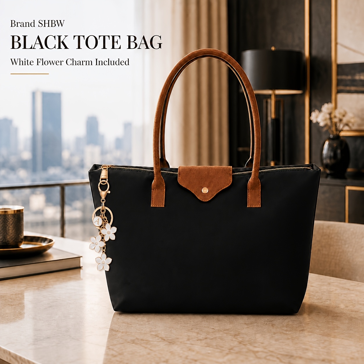 TEMU Shbw Women' Large Capacity Retro Tote Bag With Detachable White Flower Charm - Black Nylon/ Zipper Closure Shoulder Purse Suitable For Office,