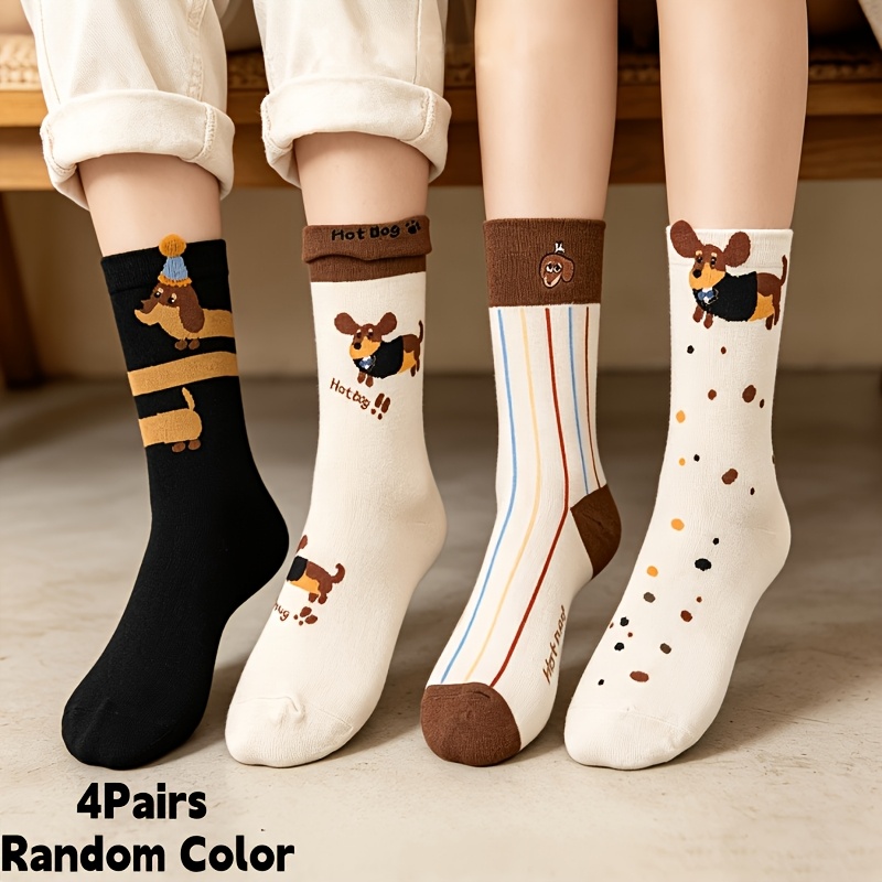 TEMU 4 Pairs Women's Dachshund Socks - Slouchy Mid-calf Sock Compatible For Sneakers/, Random Color Cute Dachshund Patterns, Spring Summer Casual