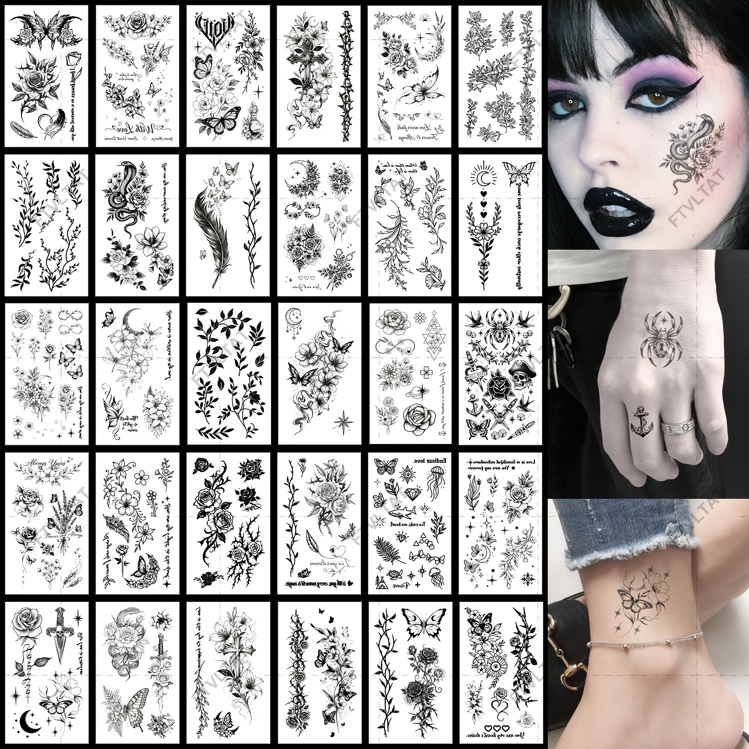   black minimalist y2k aesthetic temporary tattoo stickers fine line floral vines moon stars roses butterflies snake tattoo stickers waterproof and long lasting gothic   body painting set party and holiday accessories