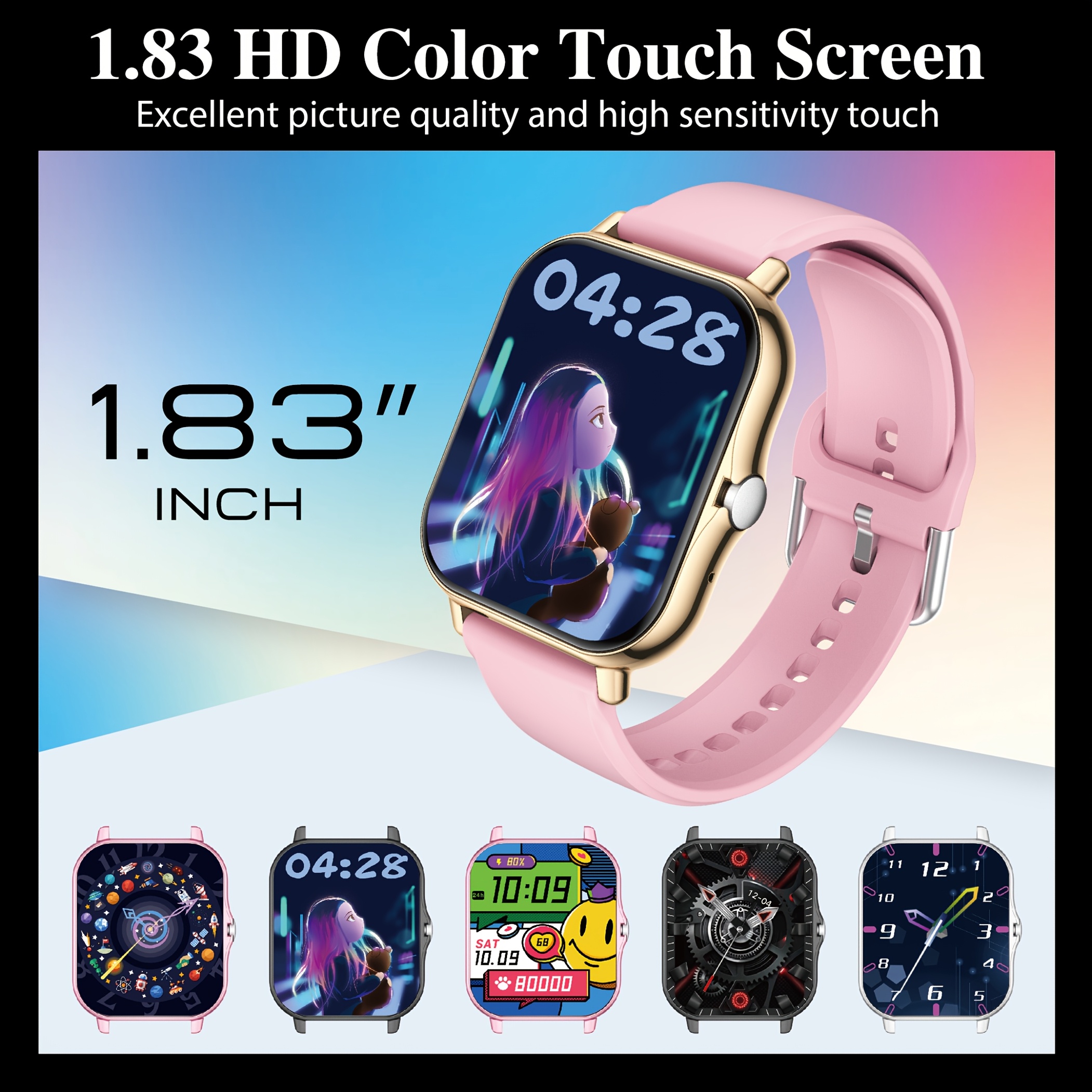 1.83-inch full touch screen silicone strap smart sports watch, unisex fitness outdoor pedometer, various watch faces available, wireless calls, multiple sports modes, remote camera control, alarm clock, weather forecasts, featuring a TFT display and alloy body, equipped with a 180mAh battery, suitable as a gift for both men and women.