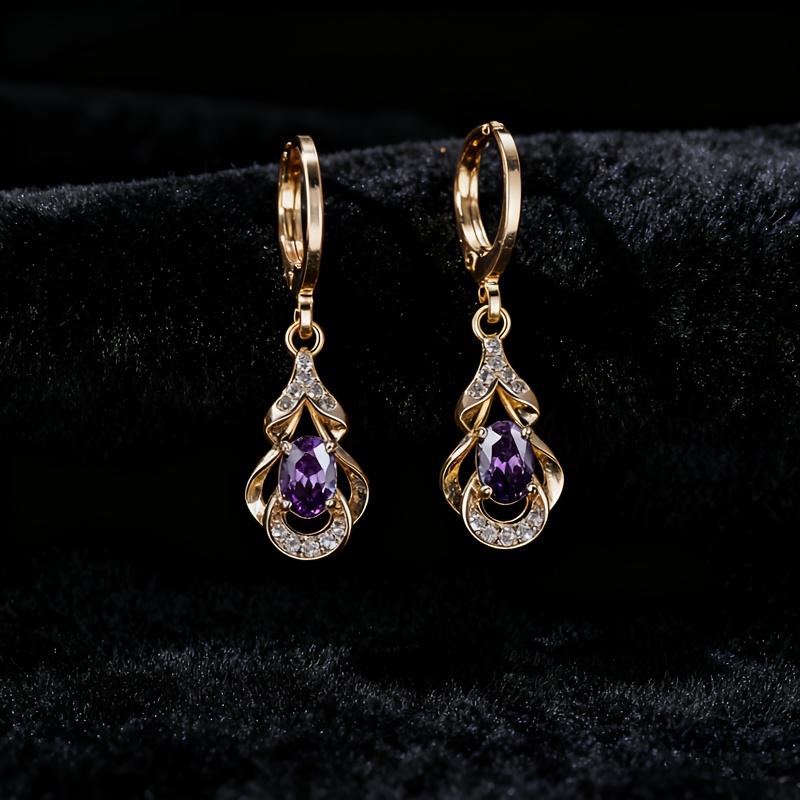Image of 1 Pair Golden Oval Cut Purple Geometric Synthetic Zirconia Earrings Music Festival Exquisite Daily Christmas Luxurious Vacation Earrings