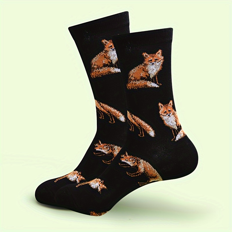 

A Pair Of Men's Fox Pattern Funny Novelty Crew Socks, Comfy Breathable Casual Soft & Elastic Socks, Spring & Summer