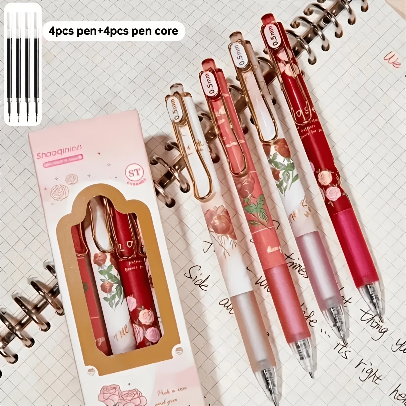TEMU 8-pack Retractable Neutral Pens - Smooth Writing, Medium Point, Black Ink, , Includes 4pcs Pens And 4pcs Refills, Kawaii Stationery Essential,