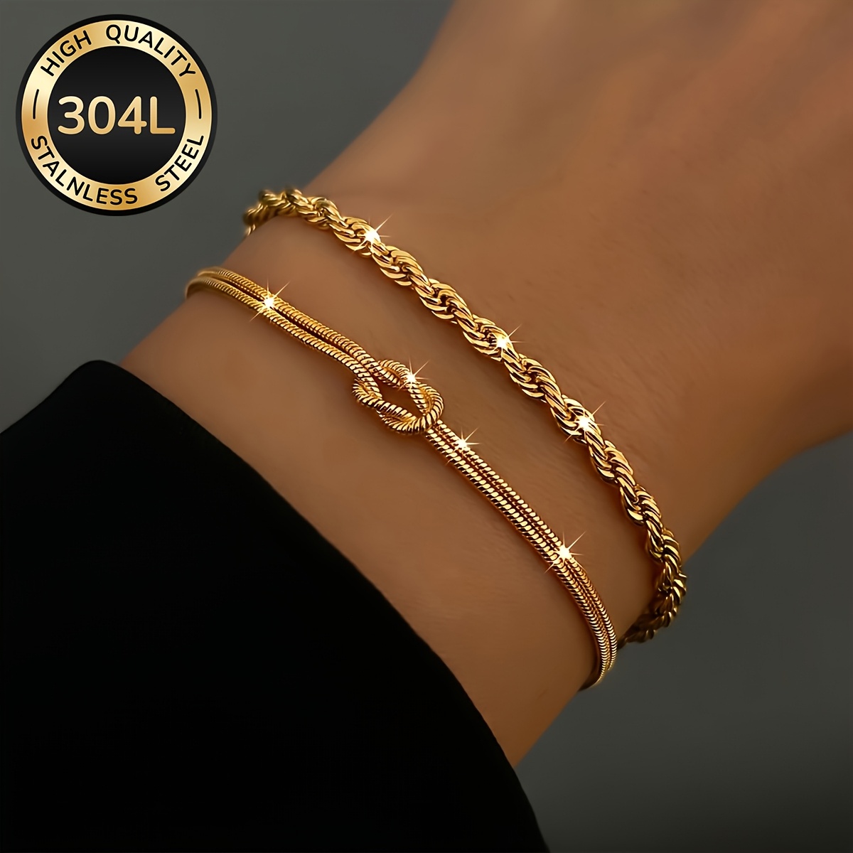 2pcs Women's 18k Gold Plated 304l Stainless Steel Bracelets, Waterproof And Fade-resistant Jewelry, Stylish And Elegant Accessories, Perfect For Daily Wear, Parties, And Holiday Gifts