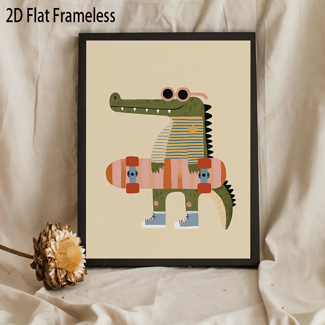 TEMU 2d Flat, 2d Flat, 1pc, Frameless, Alligator Wall Art: Whimsical Skateboard Illustration - Fun Canvas Painting Wall Decor, For Home Bedroom Room