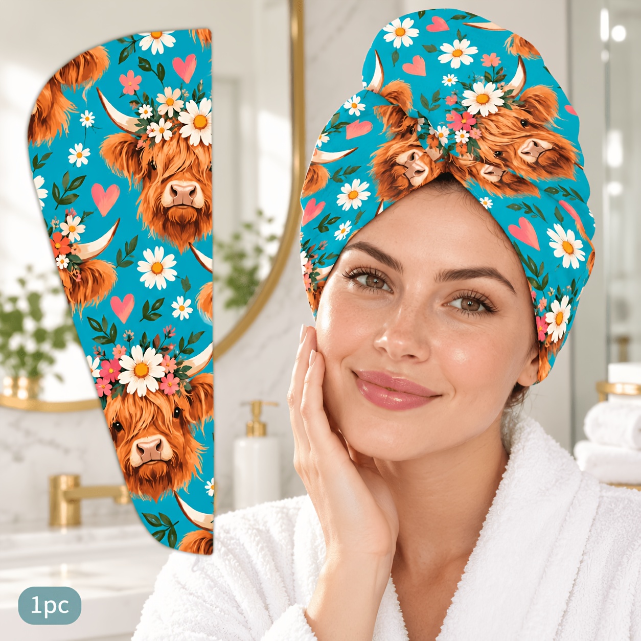 TEMU 1pc Women's Absorbent Quick-dry Hair , Soft Microfiber High-density Buffalo Print Headband, Button-fixed Long Hair Towel, Highly Absorbent