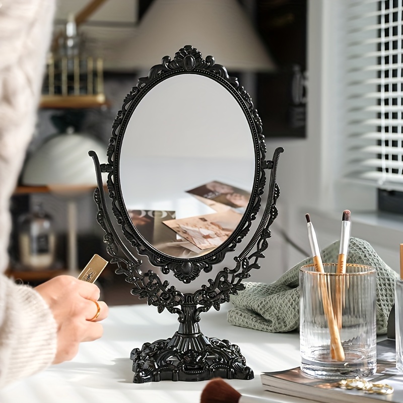 

Vintage Black Double-sided Tabletop Vanity Mirror, Makeup Mirror Oval Cosmetic Mirror For Dressing Table, Bedroom Decor