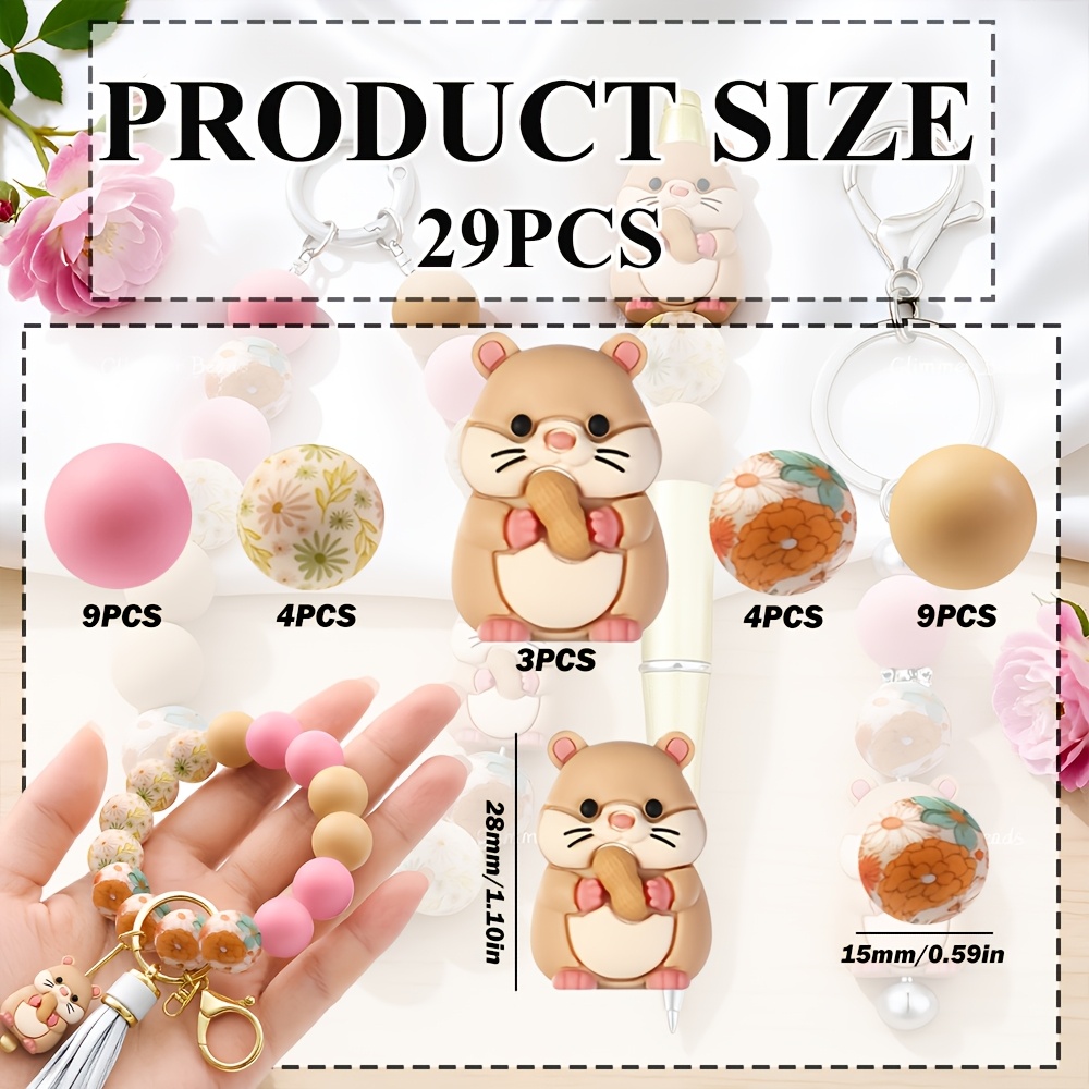 TEMU Ensemble de 29 perles en silicone pour hamster, marron clair ventre blanc pattes roses tenant un , de hamster de dessin animé, comprend 15 mm de