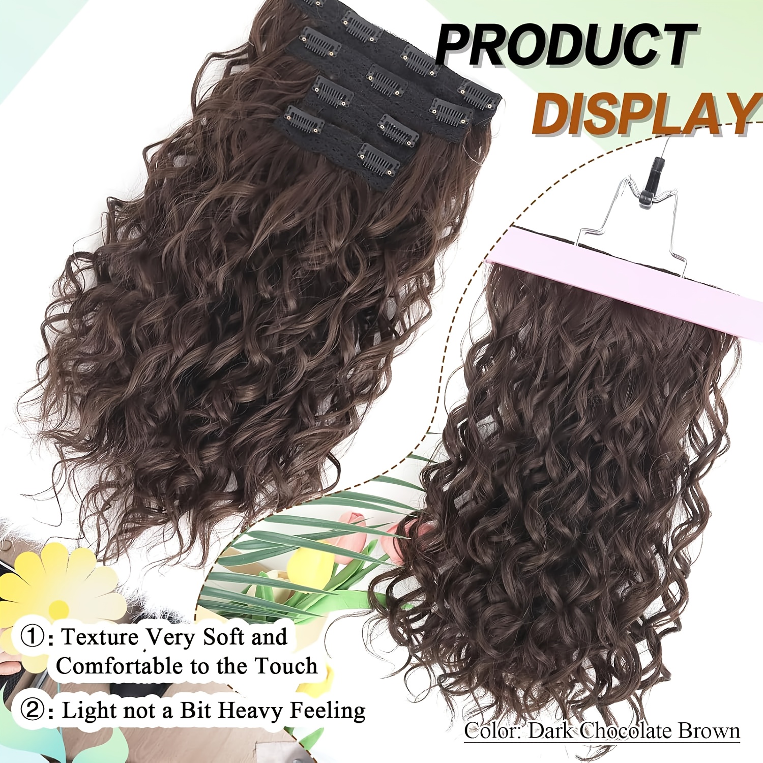 4pcs 30.48 cm clip-in short curly hair extensions with lace weft - invisible hairpieces for women, heat-resistant &  , adds volume & length,    , hair volume enhancer, elegant hairpiece,   hairpiece details 4
