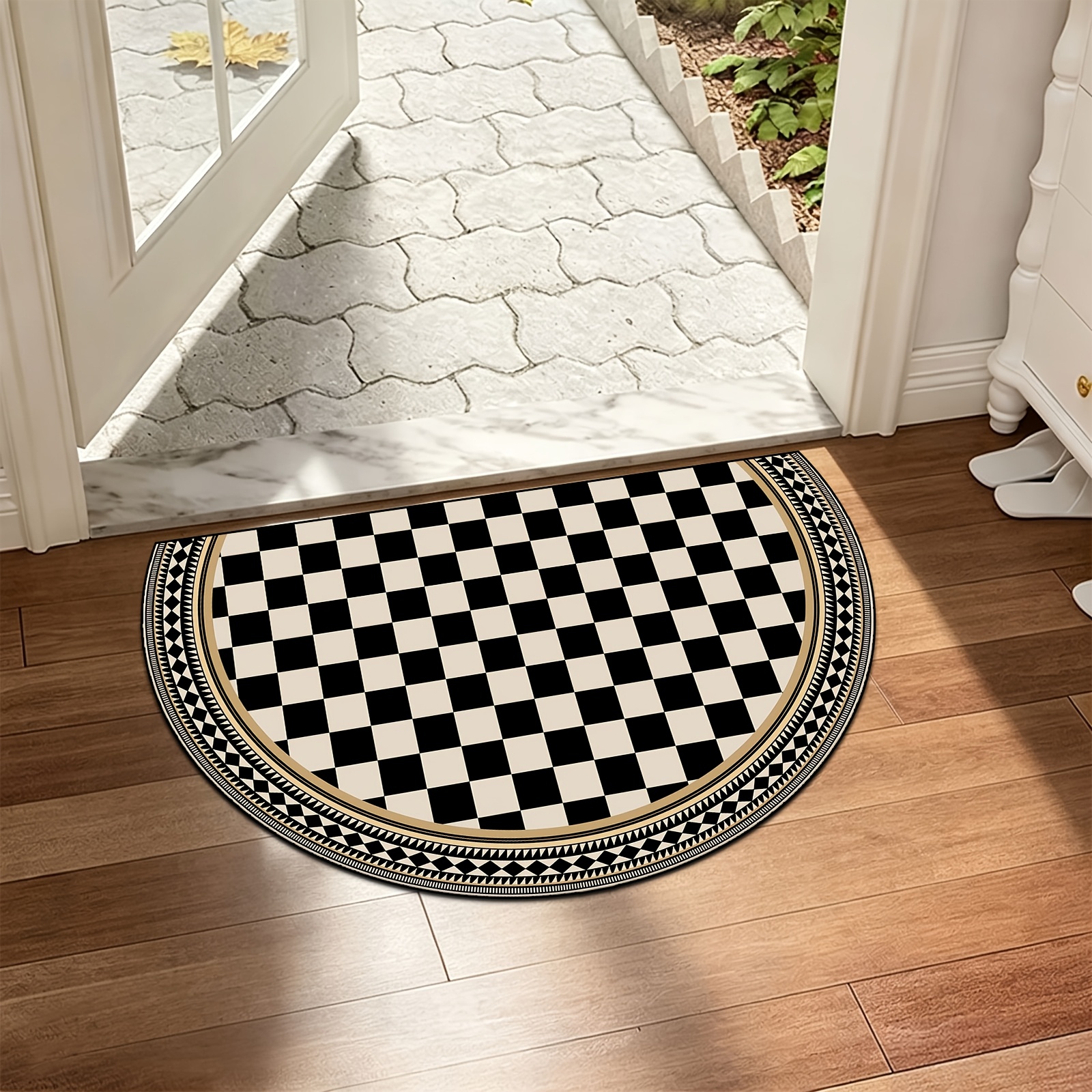 TEMU 2d Flat 1pc Checkered Half-round Welcome Mat, Suitable For Indoor/outdoor Entrance, Bathroom, Courtyard, Laundry Room, Bedroom, Living Room,
