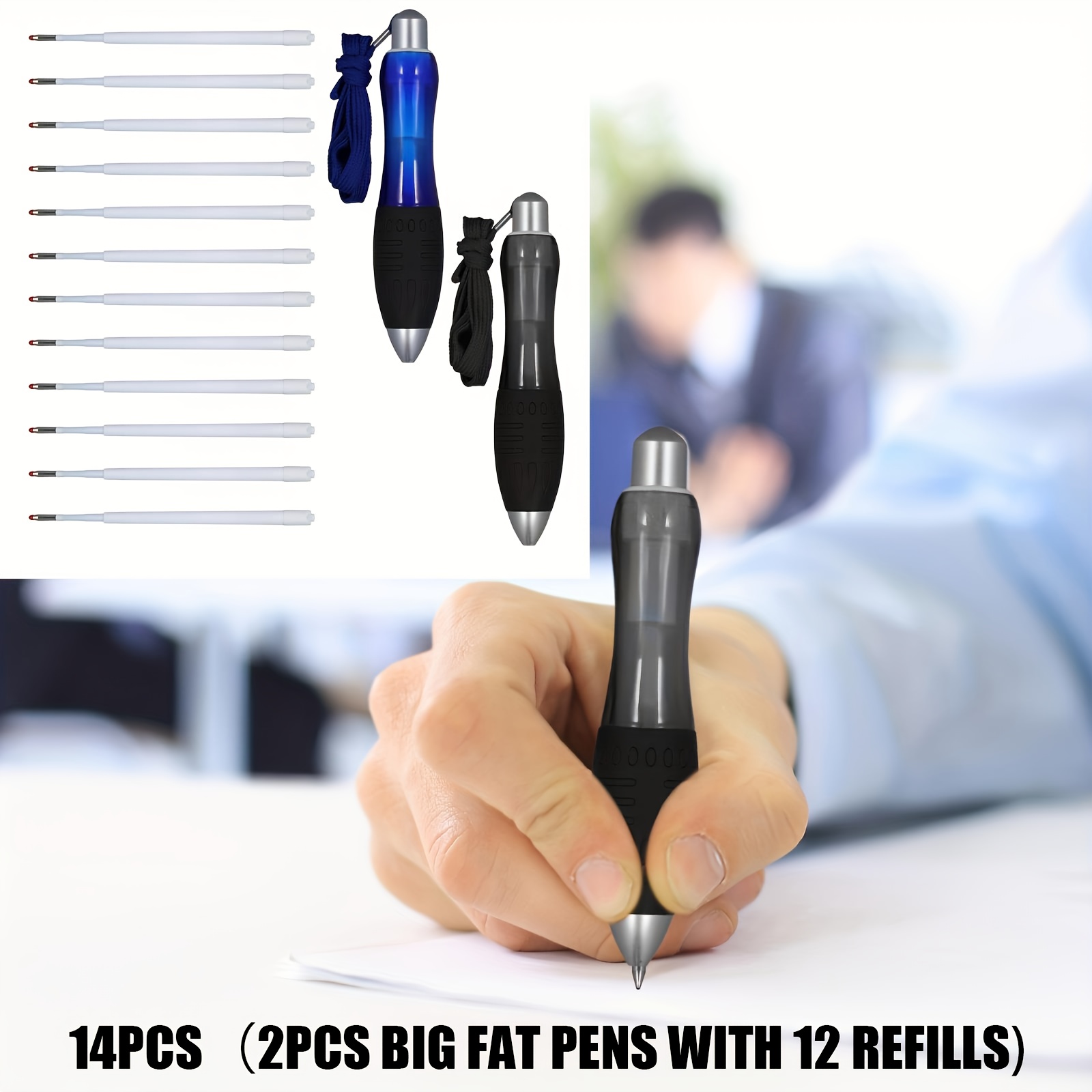 Image of 2pcs Fat Pens With 12pcs Refills, With 2pcs Lanyards, Smooth Writing Big Weighted Pens Writing Tool For Hand Tremors, Weak Hand(black + Blue)