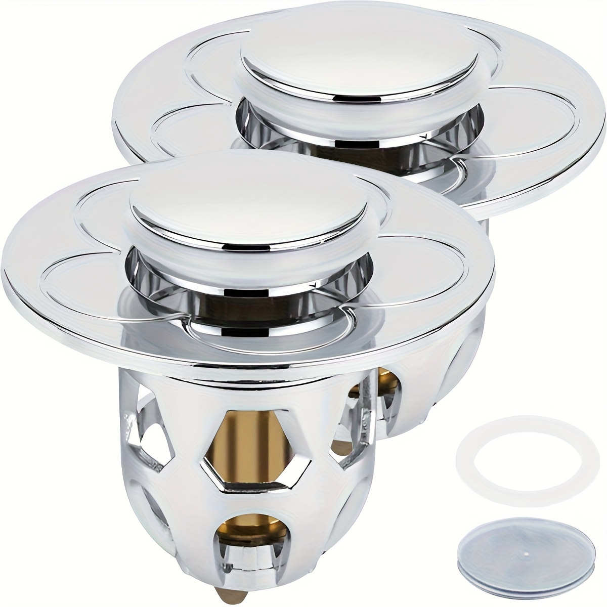 Image of 2pcs Stainless Steel Bathroom Sink Stopper With Anti-clogging Hair Basket - -type Pop-up Drain Filter For 1.33-1.57in Holes, Durable & Leak-proof, Ideal For Kitchen & Bathroom