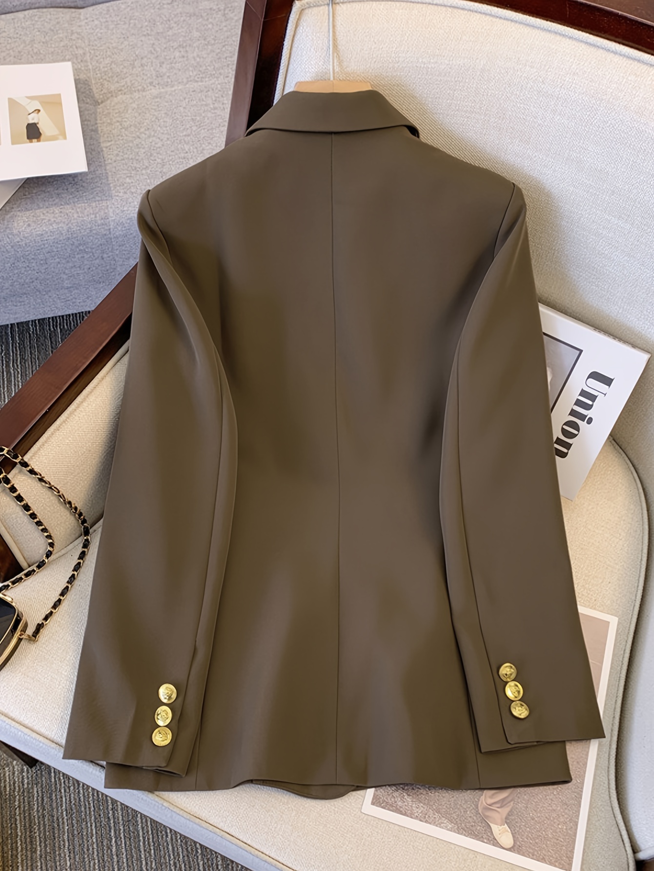 Sunygal Women'S Fashion Double Breasted Blazer - Casual Solid Color H-Fit Polyester Suit Jacket with Long Sleeves, No Belt, Non-Waterproof, Woven Weave, Regular Fit
