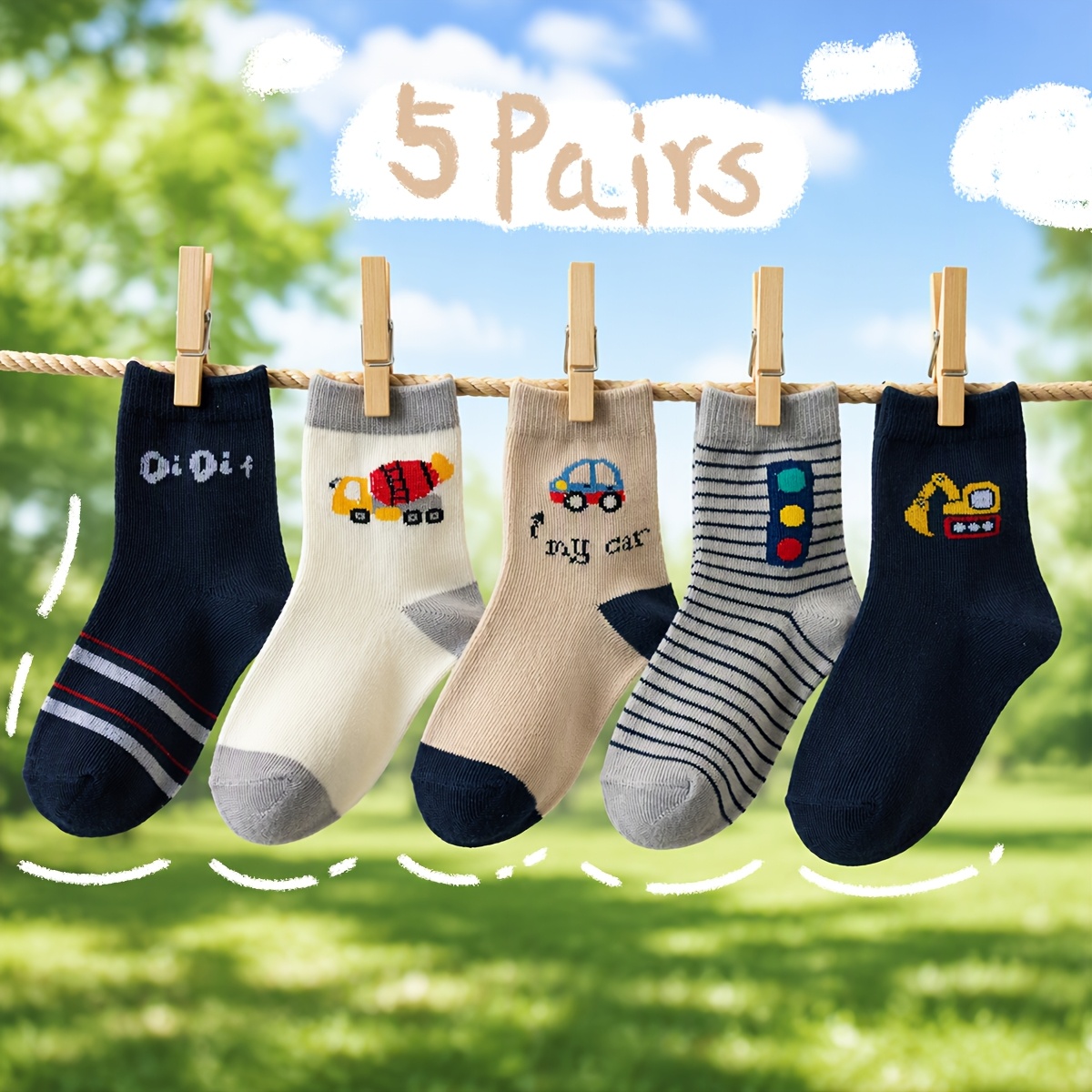 TEMU 5 Pairs Boys Crew Socks, Cartoon Construction Vehicle Socks, High Elastic Cuff No Tight Legs, Soft & Breathable Cute Kids Socks For School