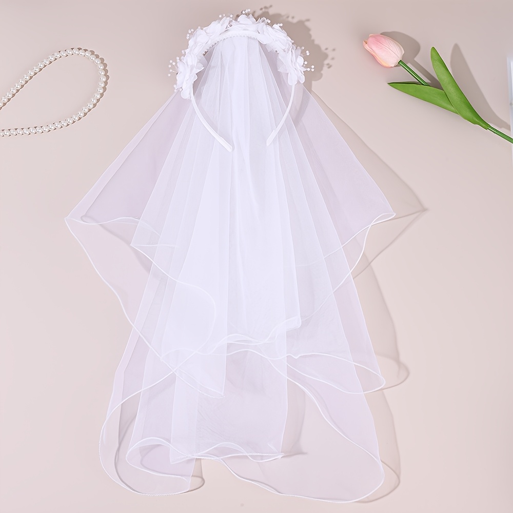 Image of 1pc Flower Veil Hair Headband For Faux Pearl Decor Tulle Mesh Hair Hoop For Gifts Double Layer Veil Band Hair Accessory For Weddings Party, Dress Up, Back To School