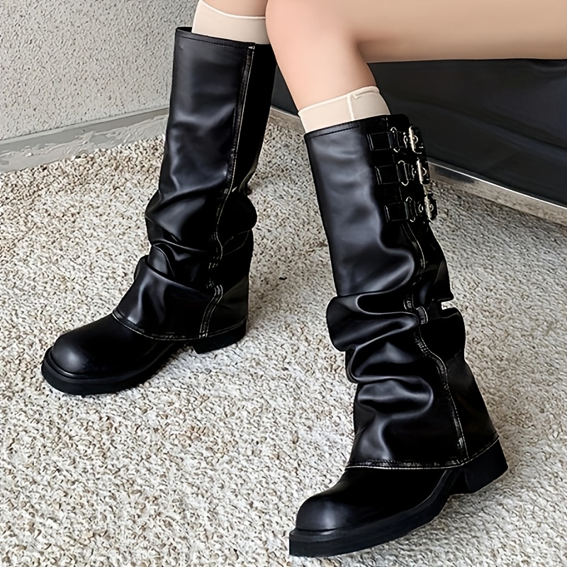 womens black platform calf boots round toe knee high - Temu