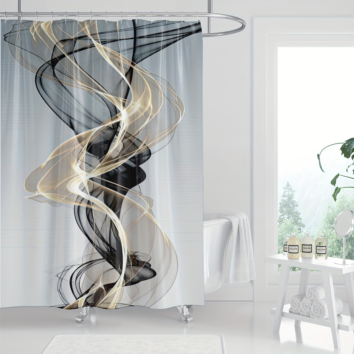 

1pc Modern Luxury Artistic Shower Curtain With Abstract Yellow, Black, And Grey Lines Design, Digital Print, Machine Washable, For Bathroom Decor