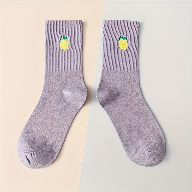 E-shop 1 Paar Damen Wadenhohe Socken mit Fruchtmuster, trendige Mid-Crew-Socken im Ins-Stil, niedliche bestickte Slouch-Socken, kurzer Stil für alle