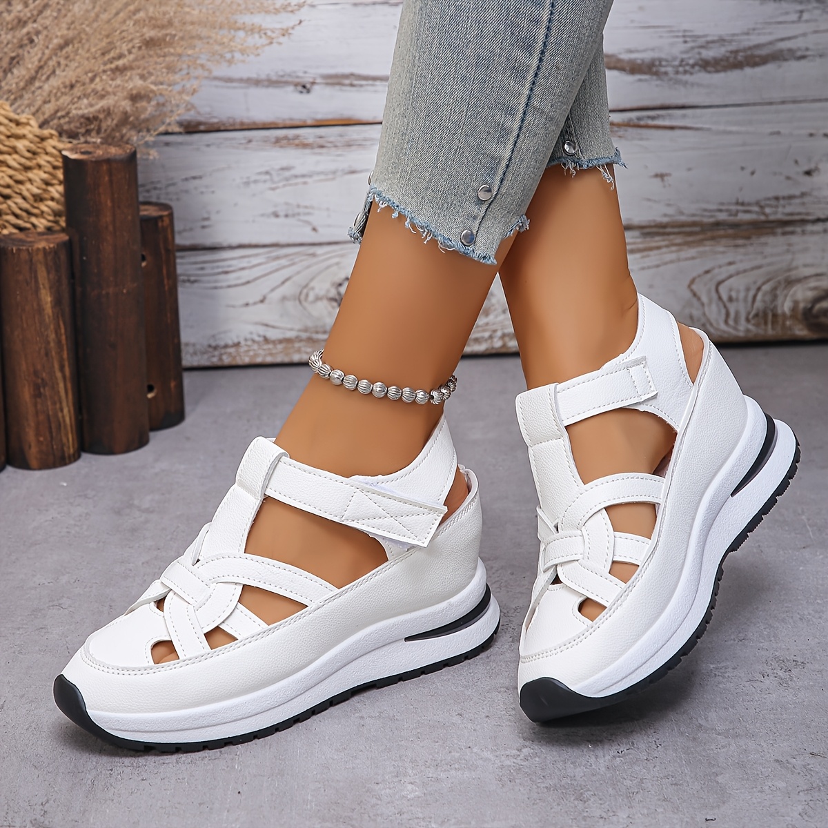 

Women' Wedge Sandals - Breathable Cut-out Design With Invisible Height , Casual Sneakers, Hook-and-loop Closure, Round Toe, Synthetic Cover