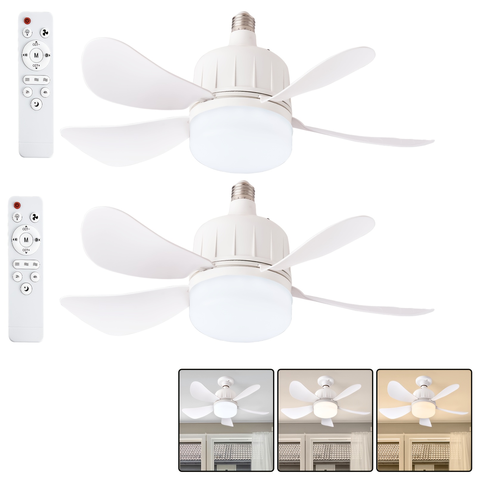 TEMU 2pcs Modern Ceiling Fan Lights With Remote Control - 3-speed Dimmable 5-blade Design, E26 Base, 17. 7 Inch White Socket For Kitchen, Bedroom,