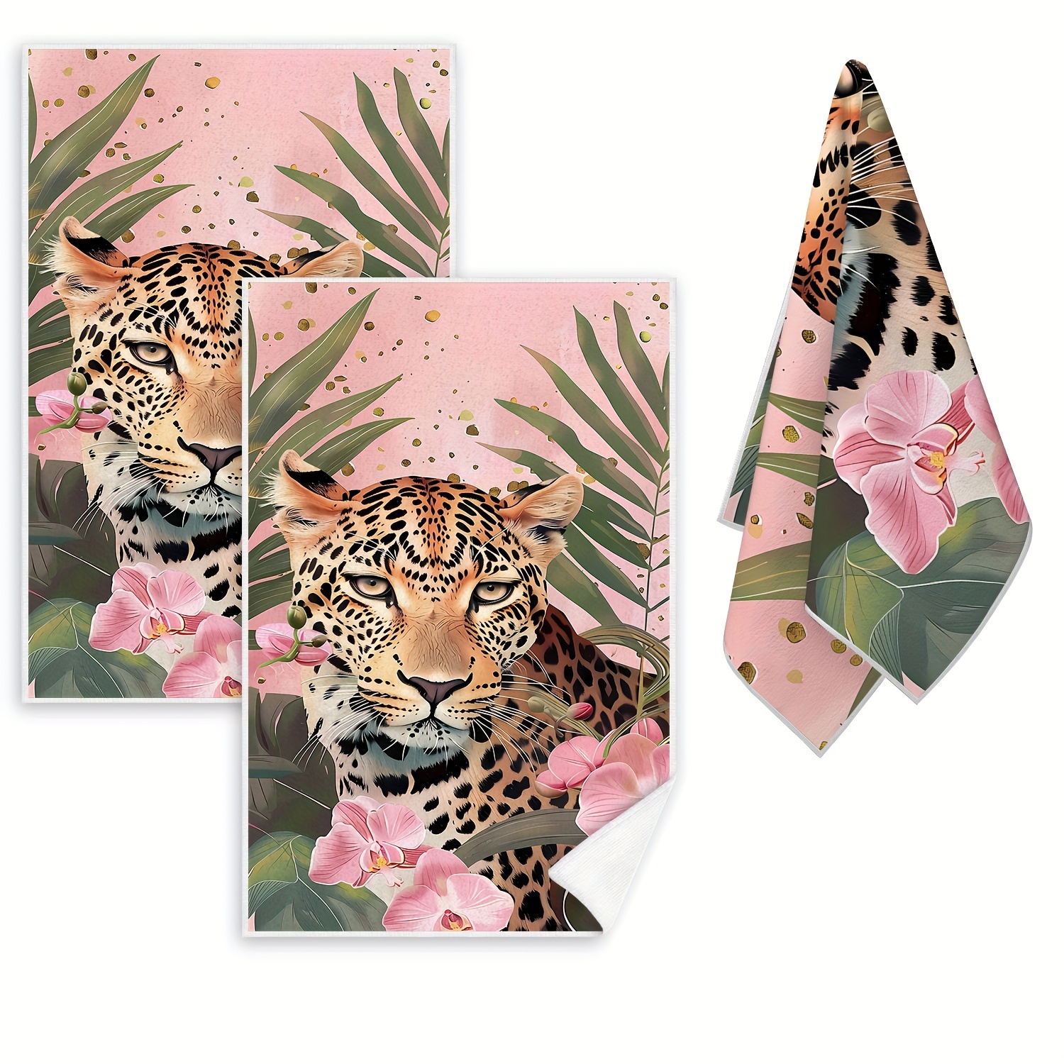 

2-piece Leopard & Floral Hand Towels - Ultra-soft Microfiber, Machine Washable, Perfect For Kitchen & Bathroom Decor, Ideal Housewarming Gift