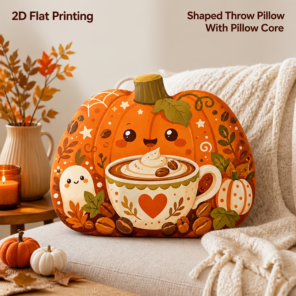 TEMU Coussin décoratif de citrouille souriante et de café pour Halloween, coussin de récolte d'automne pour bar à café, cuisine, bureau, accent des