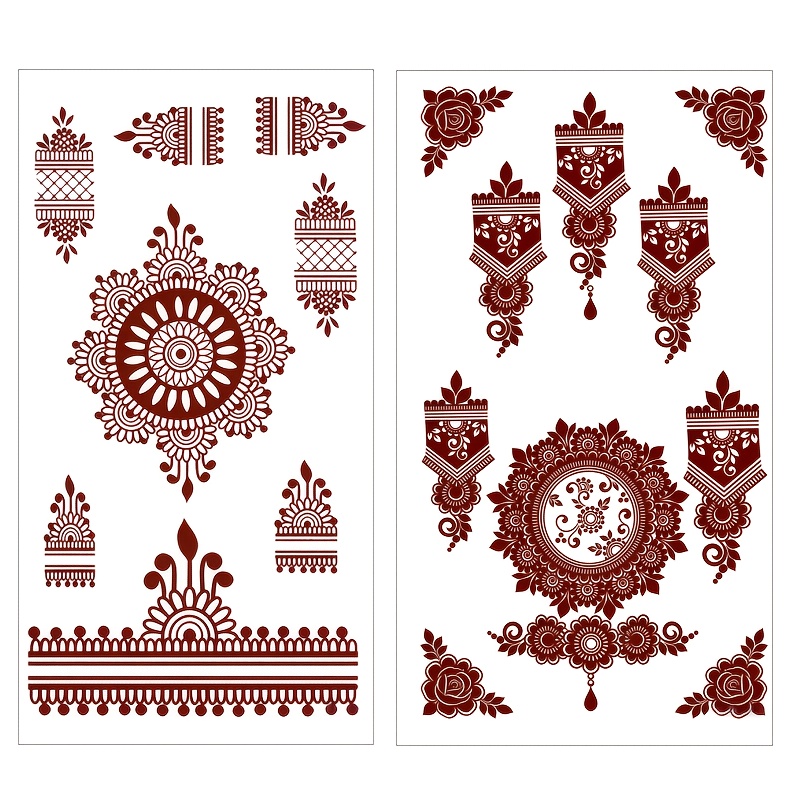 Image of 2 Minimalist Line Art Temporary Tattoos Featuring Red And Brown Mandala Flowers, Perfect For Body Art Decoration On And Hands, An For Festive Parties And Wedding Outfits