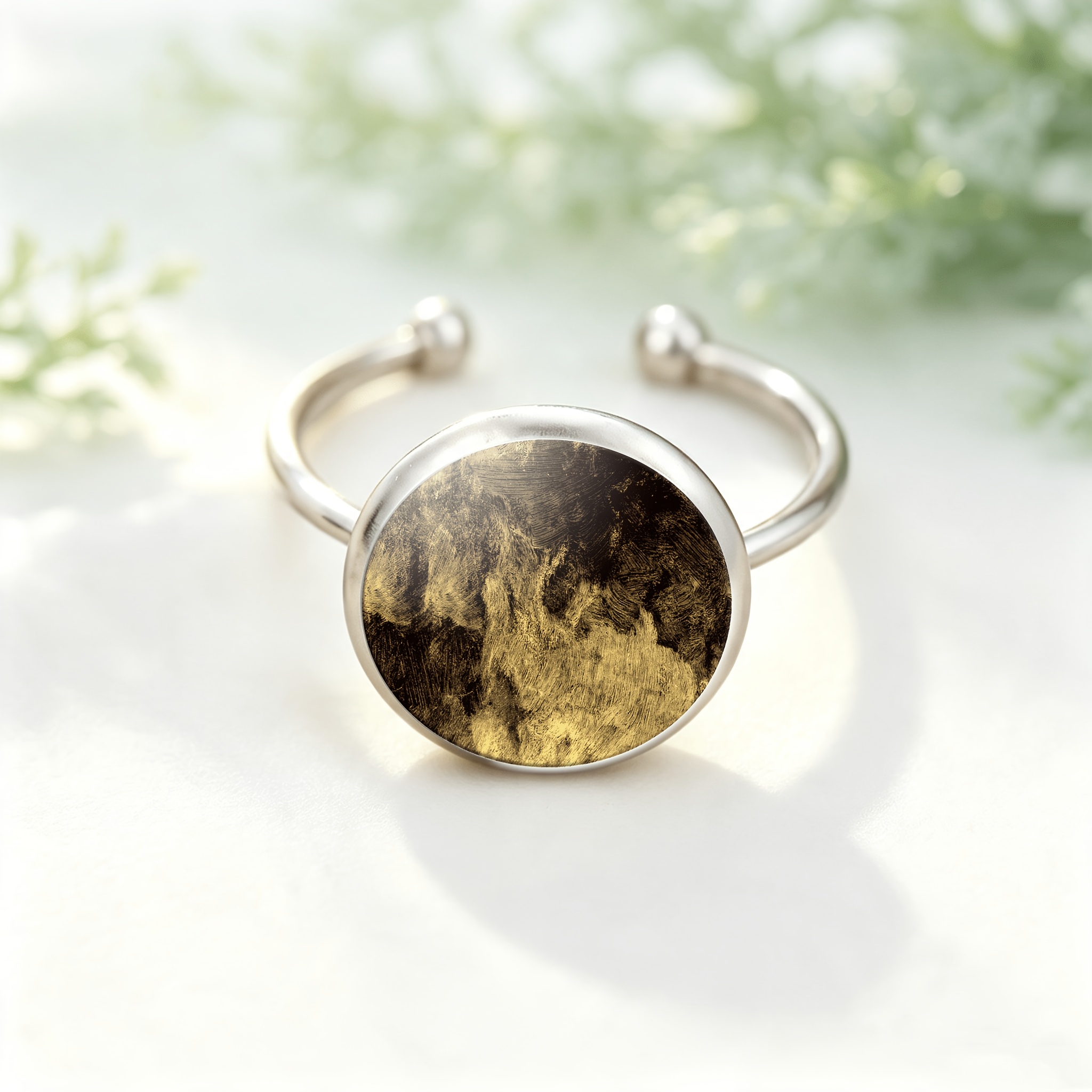 Colored Glass Inlaid Open Ring with Golden Black Texture