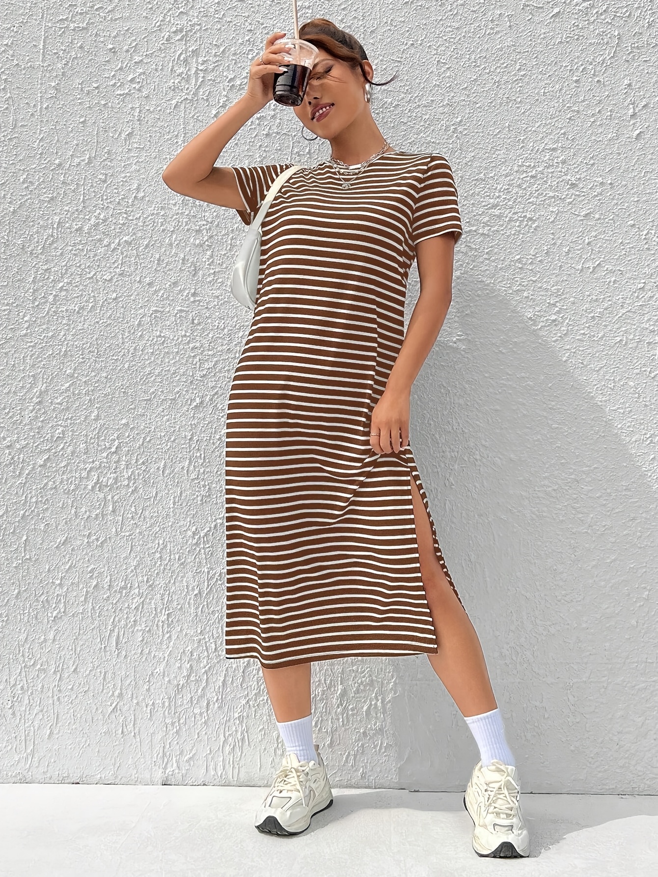 Chic Striped T-Shirt Dress with Thigh-High * - Casual Polyester \u0026 Spandex  Blend chic striped t shirt dress thigh high casual polyester - Temu Georgia