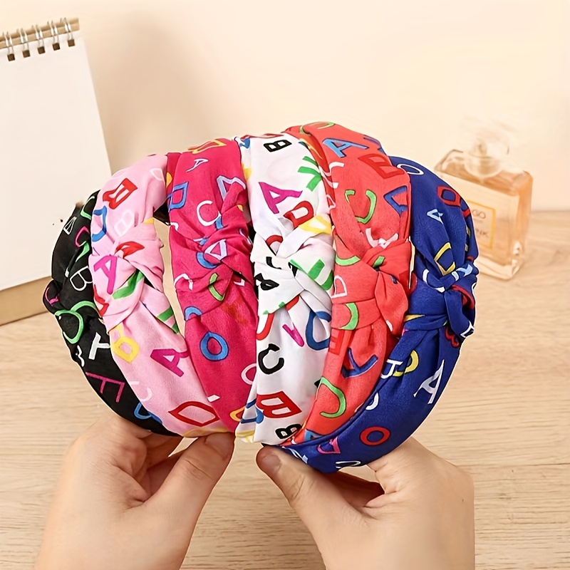 

3pcs Alphabet Print Knot Headbands For Women Girls, Polyester Fabric, Cute Bohemian Style, Non-slip Wide Hairbands, Colorful Candy Pattern, Fashion Accessory For Washing Face And Outdoor Activities