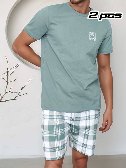 mens casual minimalist style round neck short sleeve t shirt with shorts set 2pcs