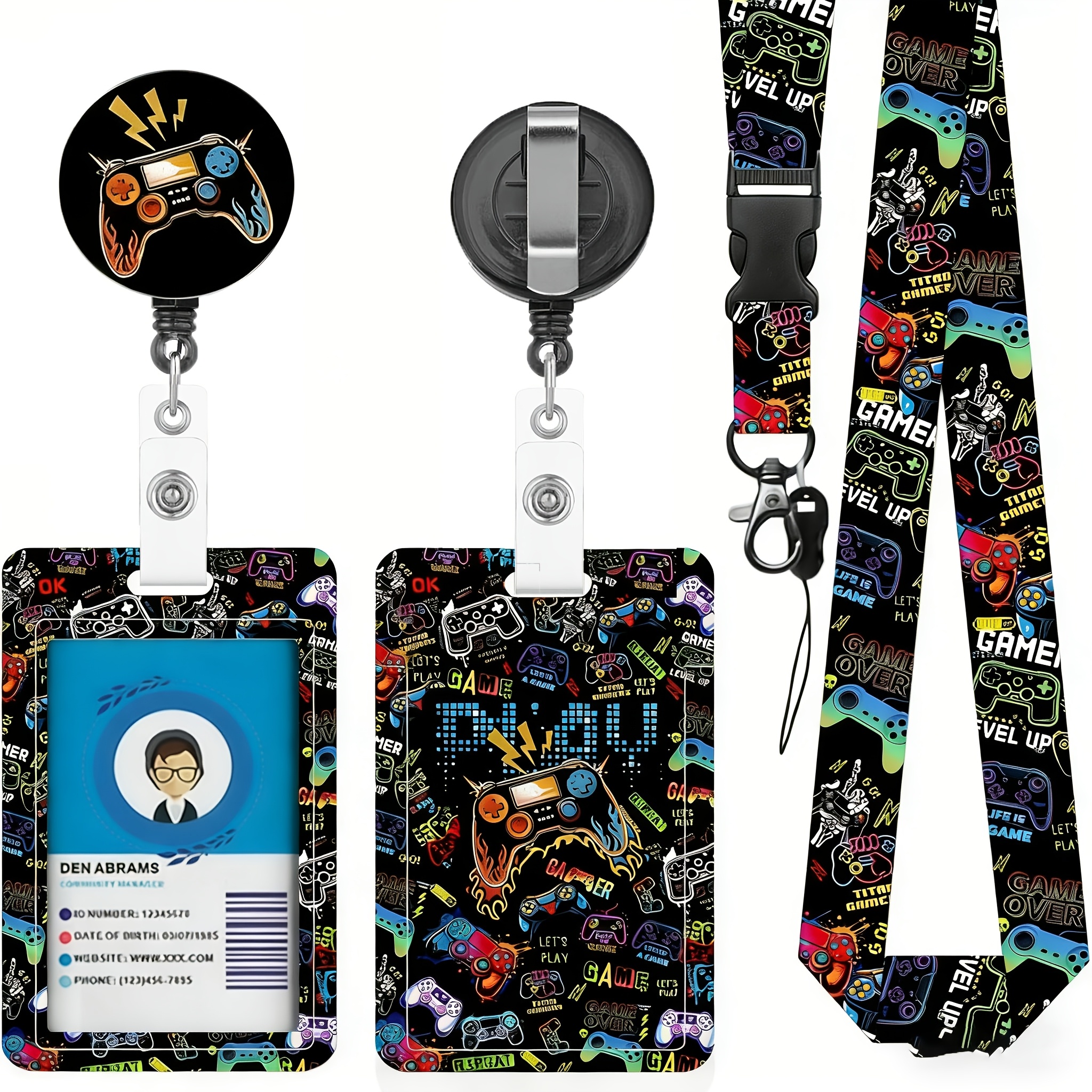 TEMU 2d Game Controller Badge Holder With Boy's Lanyard, Badge Holder With Retractable Reel Clip And Keychain, Player Vertical Id Card Holder