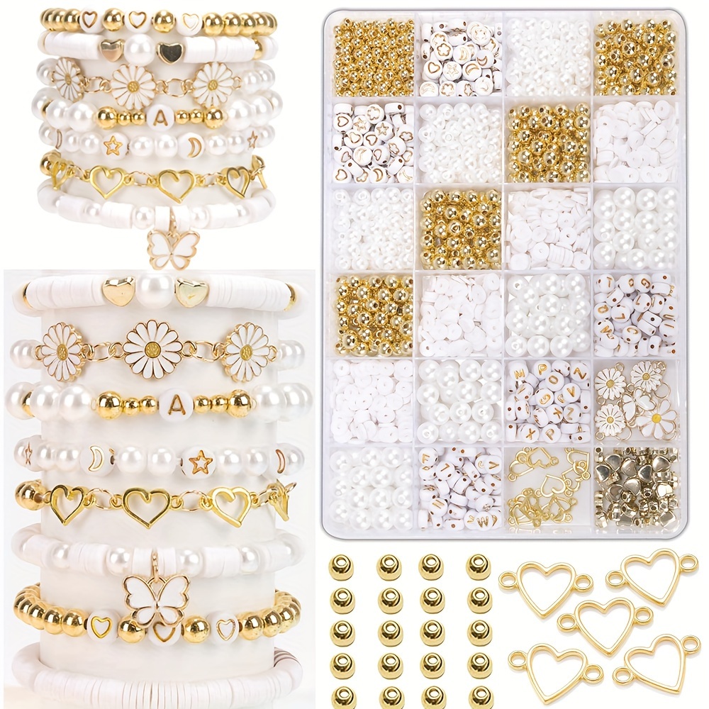 

1000pcs Diy Imitation Pearl Beads Bracelet Making Kit, Daisy Charms, Acrylic Golden Alphabet & Alloy Pendants, Heart & Golden Beads, Pastoral Style Jewelry Making Supplies For Women