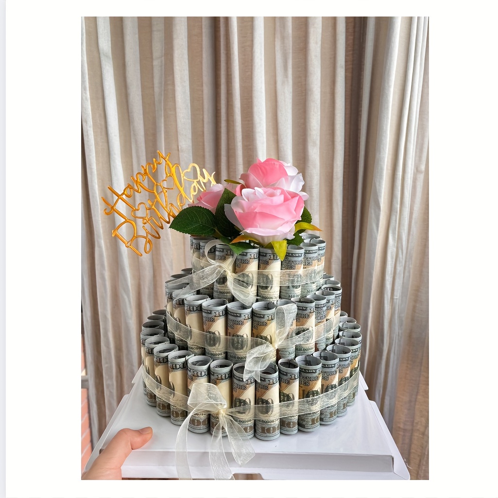 DIY 3-Tier Cash Cake Gift Box/Transparent Plastic with Golden Ribbon & Floral Design/Fun Birthday Present for Her/Includes Gift Tag/Perfect for Special Occasions/Birthday Gift Box/Celebration Accessory/Elegant Presentation/Decorative Ribbon Accent