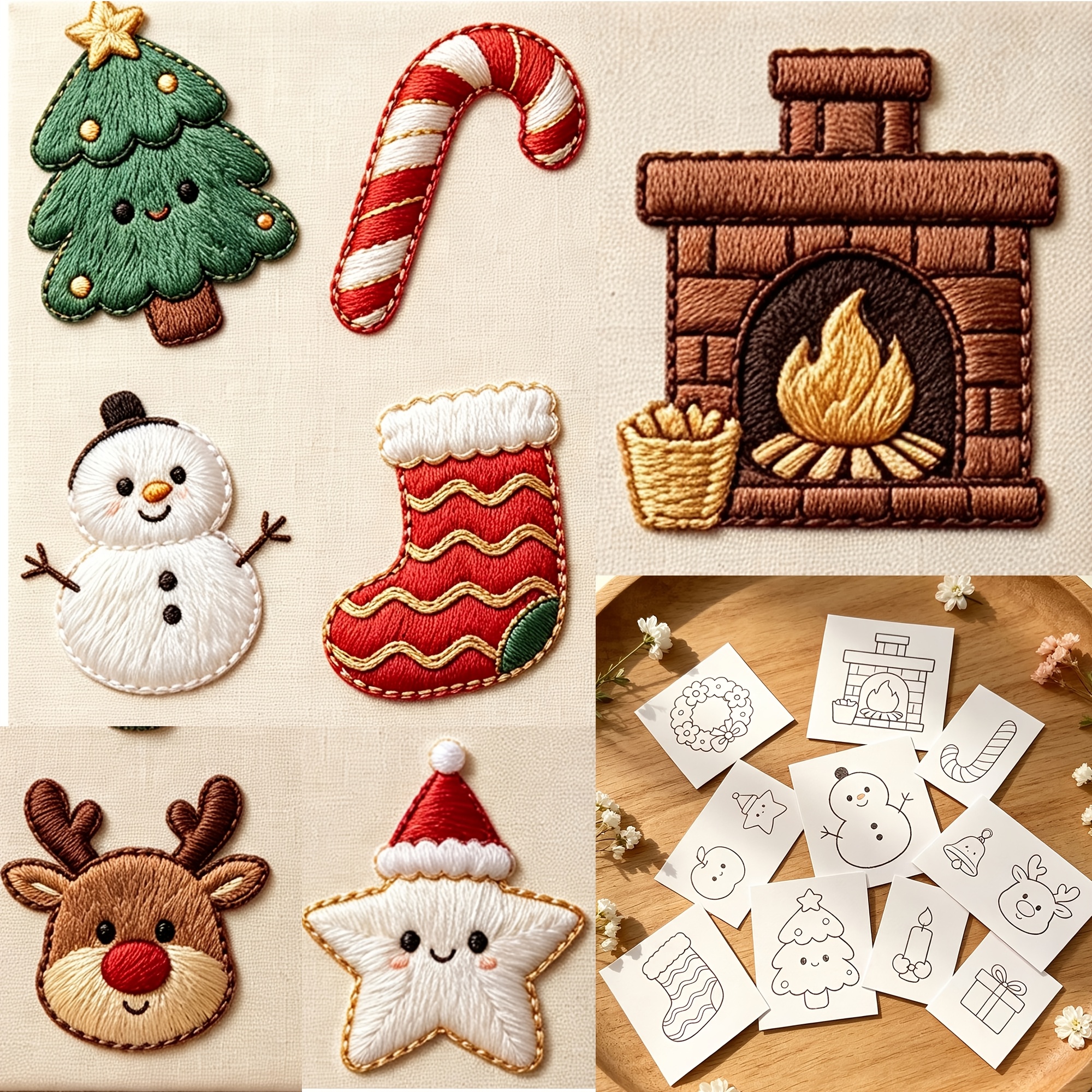 10pcs Water-Soluble Self-Adhesive Flower Christmas Embroidery Pattern Set Kit