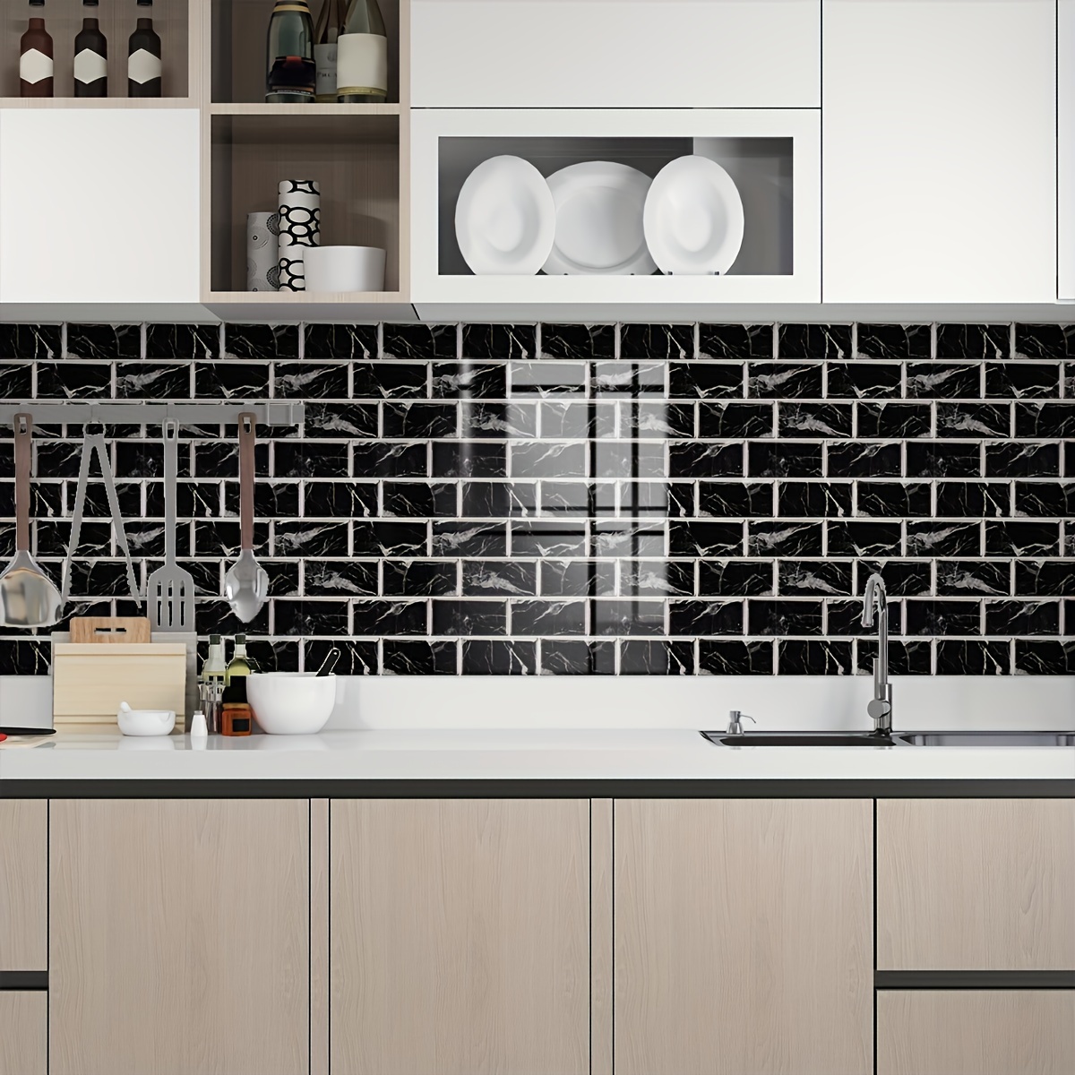 16pcs Of Black And White Checkered Marble Tile Pattern Stickers For Kitchen Decoration, Featuring A 2d Effect And Self-adhesive Design, In Colors And Styles, Suitable Smooth Ceramic Tile Surfaces