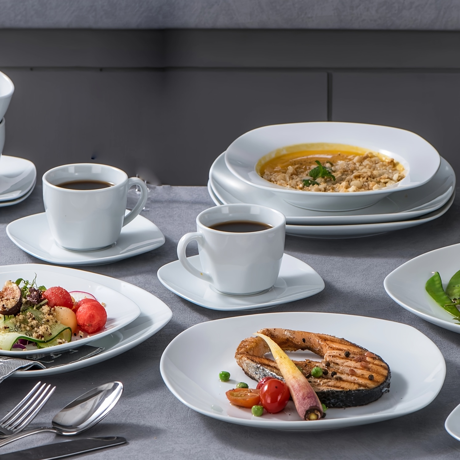 Bowls Modern White Dishes Porcelain Dinnerware Set Gray White