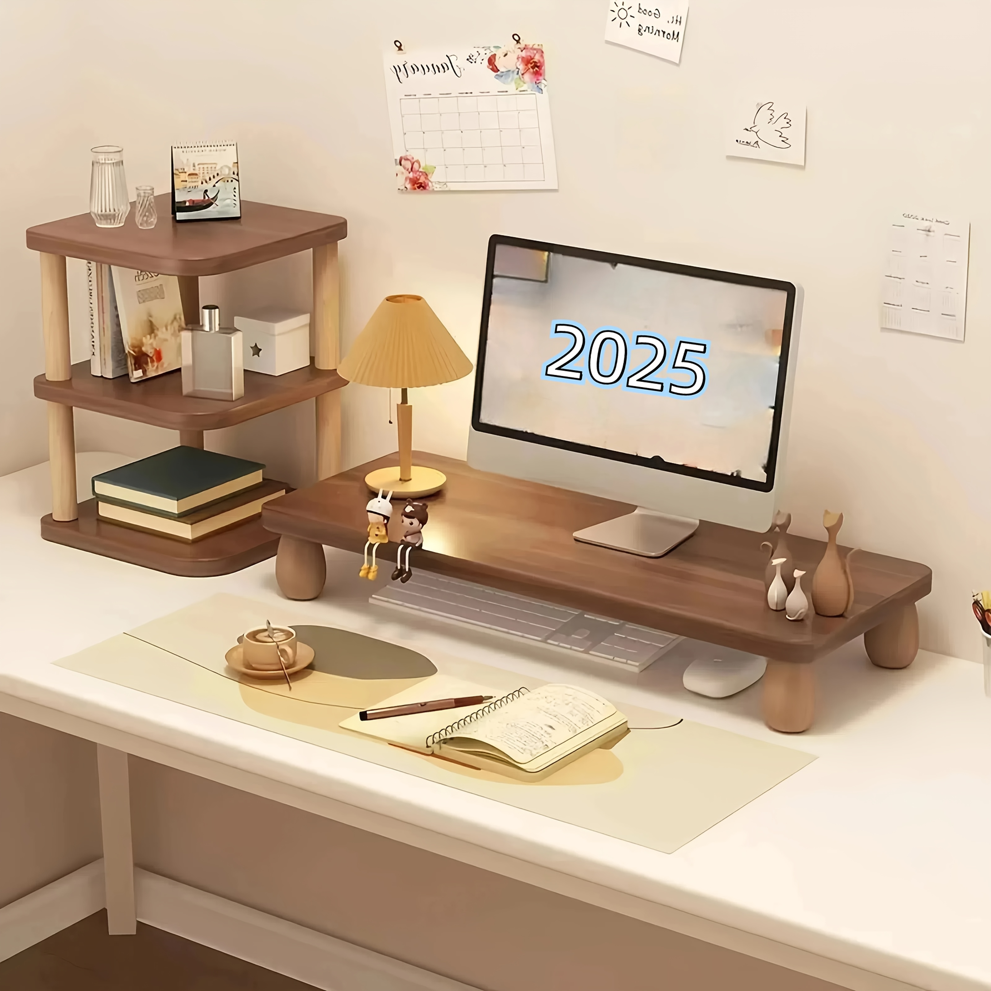 Wood Computer Monitor Stand With Drawers & Lock - Desk Organizer Storage Shelf