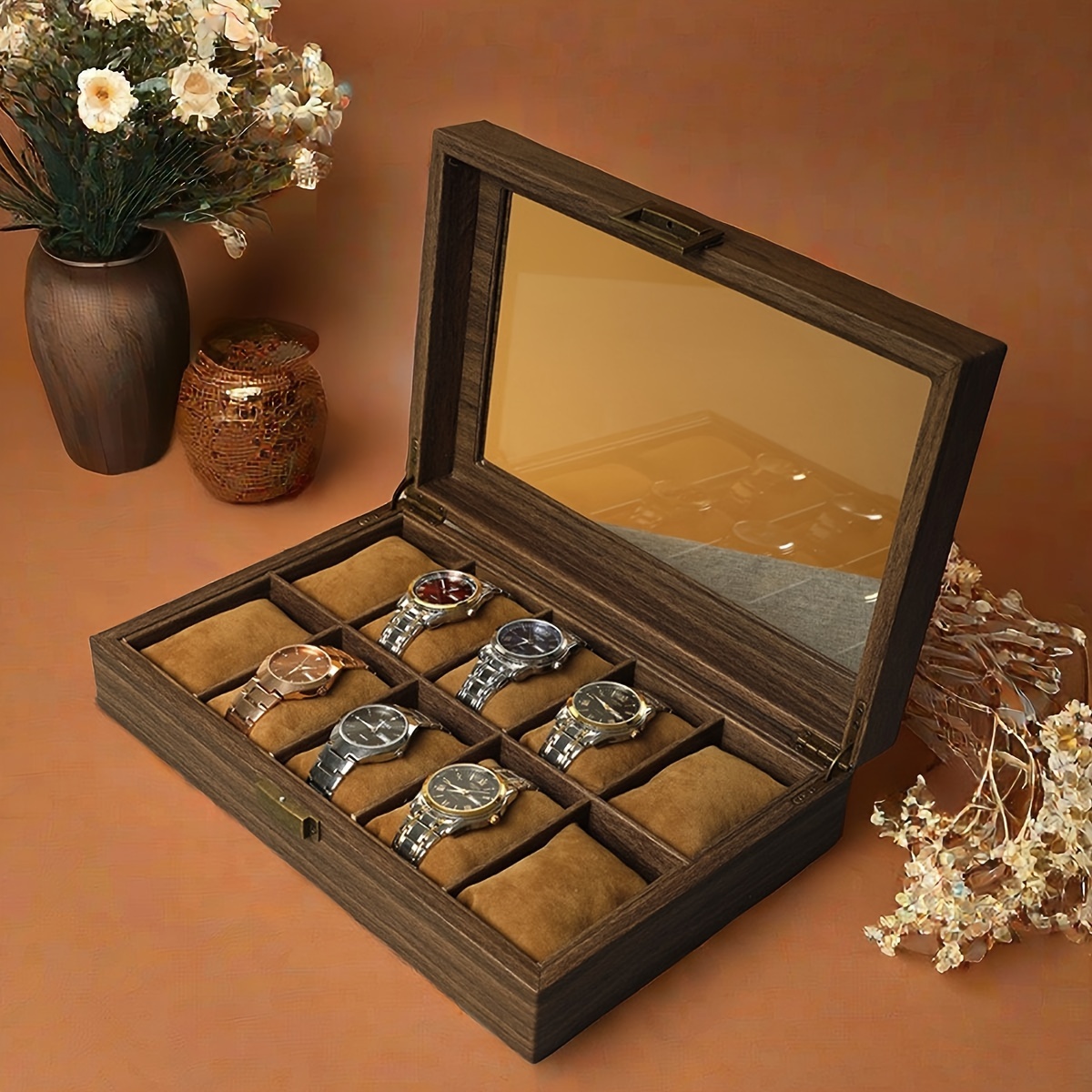 vintage wood grain watch jewelry box 10 12 slot watch Temu Canada