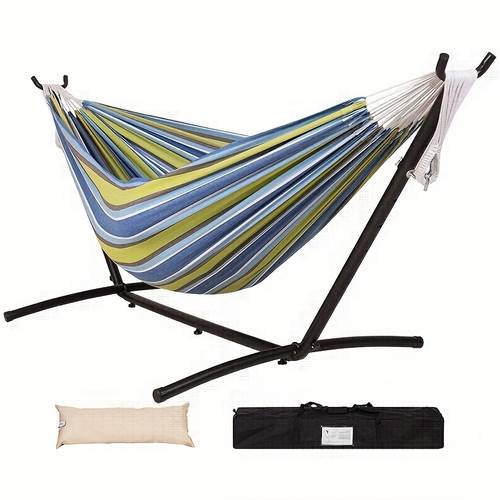 lazy heavy duty double hammock with steel stand 450 lbs capacity blue outdoor indoor hammock with carry case head pillow space saving design sturdy portable for camping patio balcony backyard durable fabric no portable hammock with wheels camping equipment and accessories hammocks with stand hammock for bedroom hammock for living room patio furniture balcony lounging reinforced stitching highcapacity fabric