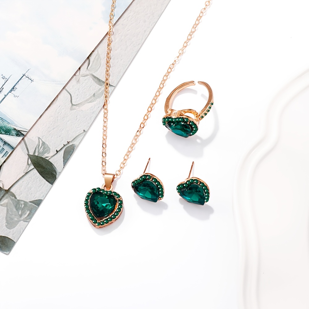 4pcs Elegant Heart Pendant Necklace, Earrings & Ring Set