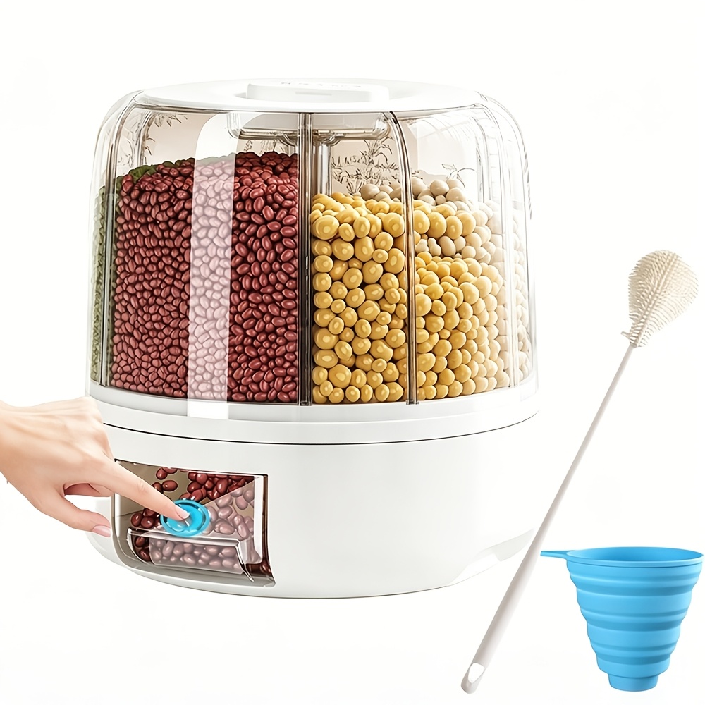 TEMU 8l Large Capacity Cereal Storage Container, 6 Grid Compartment Dry Food Dispenser With Cleaning Brush & Funnel, Household Graduated Design Grain